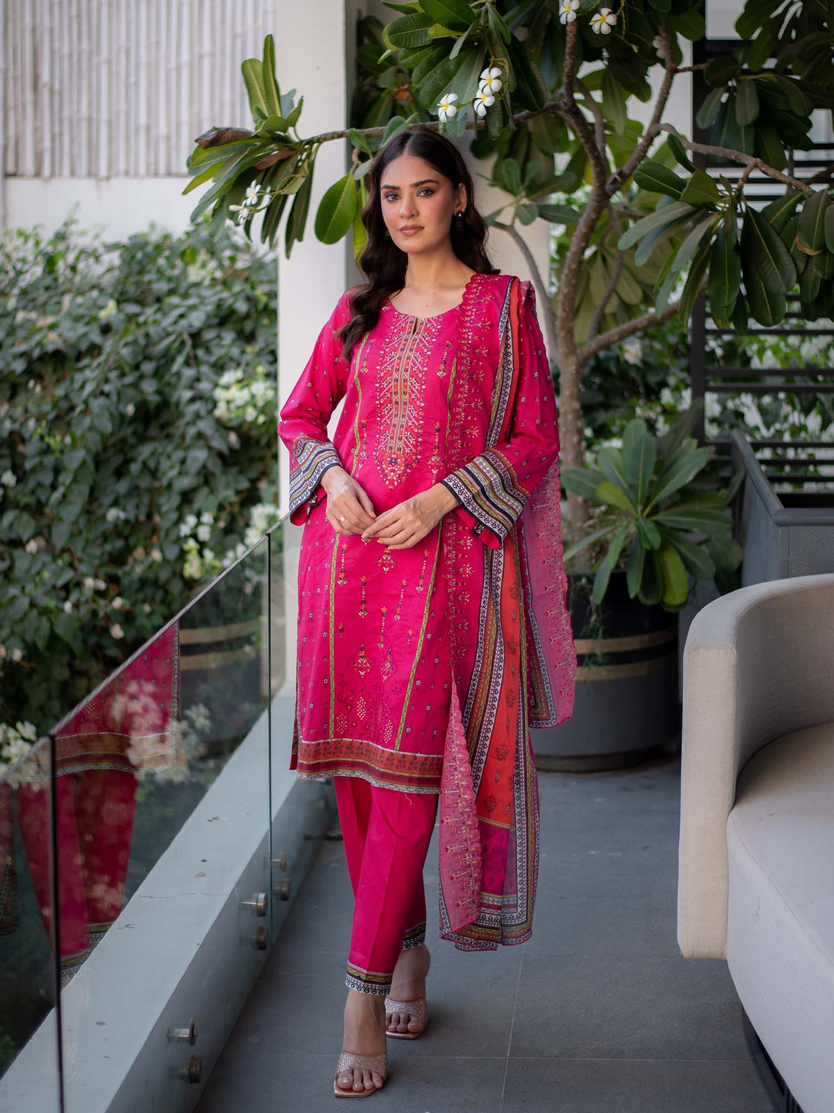 Bright Pink Embroidered Cutwork Pret Lawn 3 piece