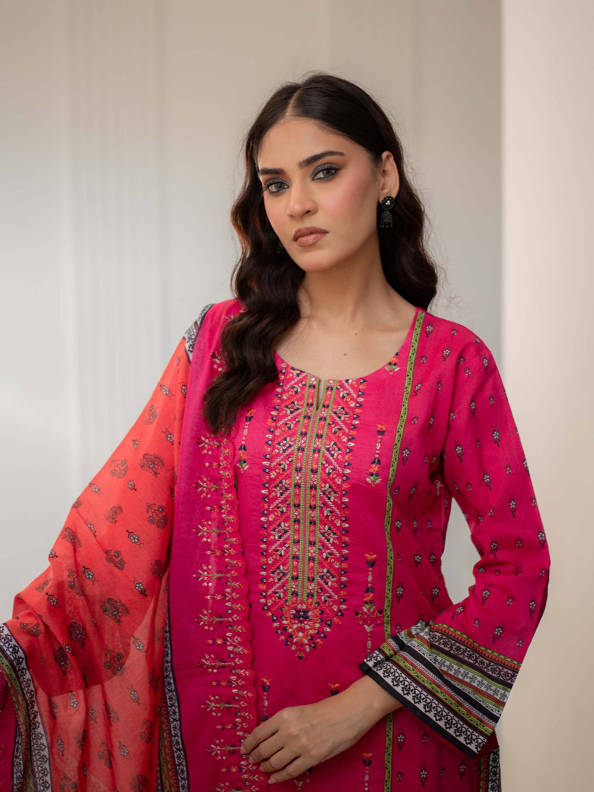 Bright Pink Embroidered Cutwork Pret Lawn 3 piece