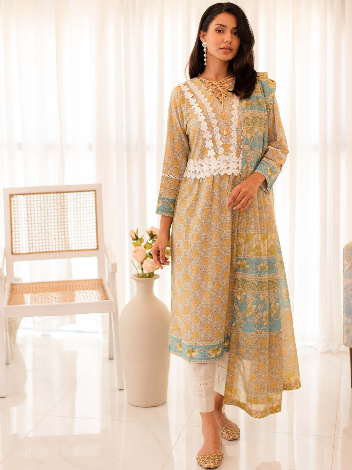 Yellow Premium Embroidered Lawn 3 Piece Suit Set 06