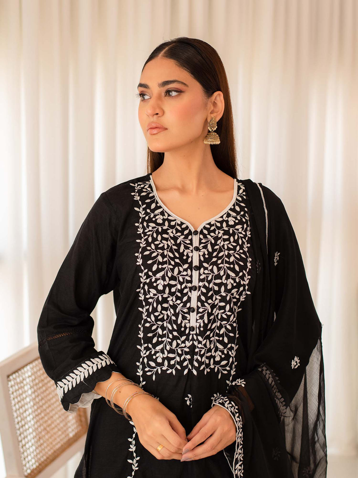 Black Embroidered Cotton Summer 3 Piece Suit Set 02
