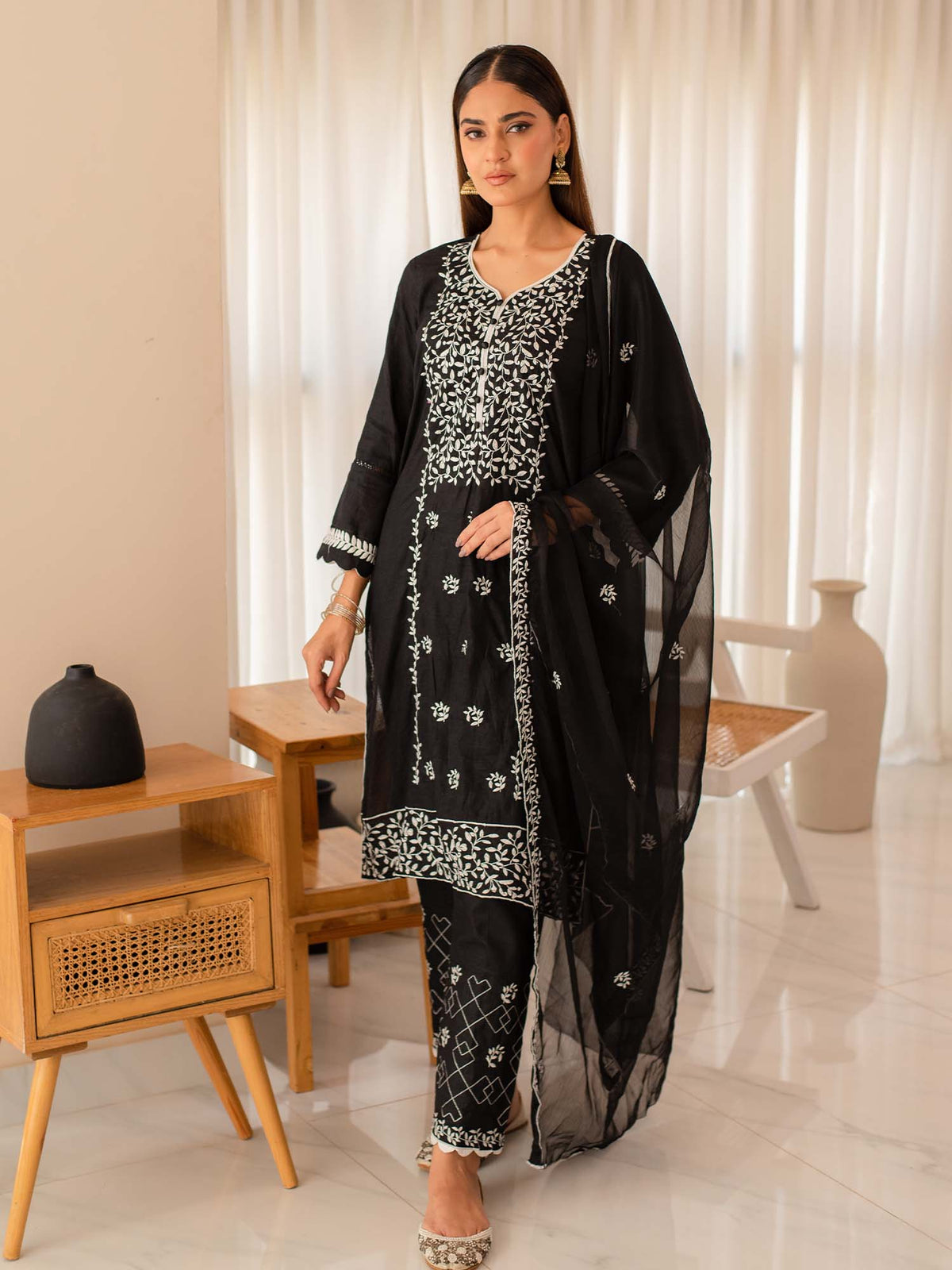 Black Embroidered Cotton Summer 3 Piece Suit Set 02