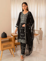 Black Embroidered Cotton Summer 3 Piece Suit Set 02
