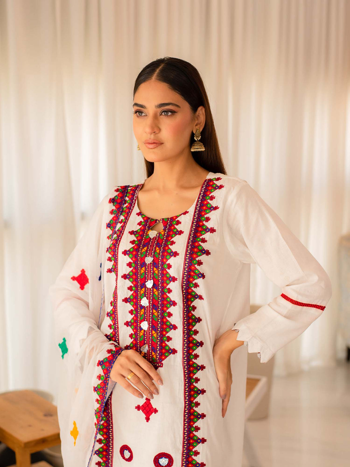 Multicolored Embroidered Cotton Summer 3 Piece Suit Set 04