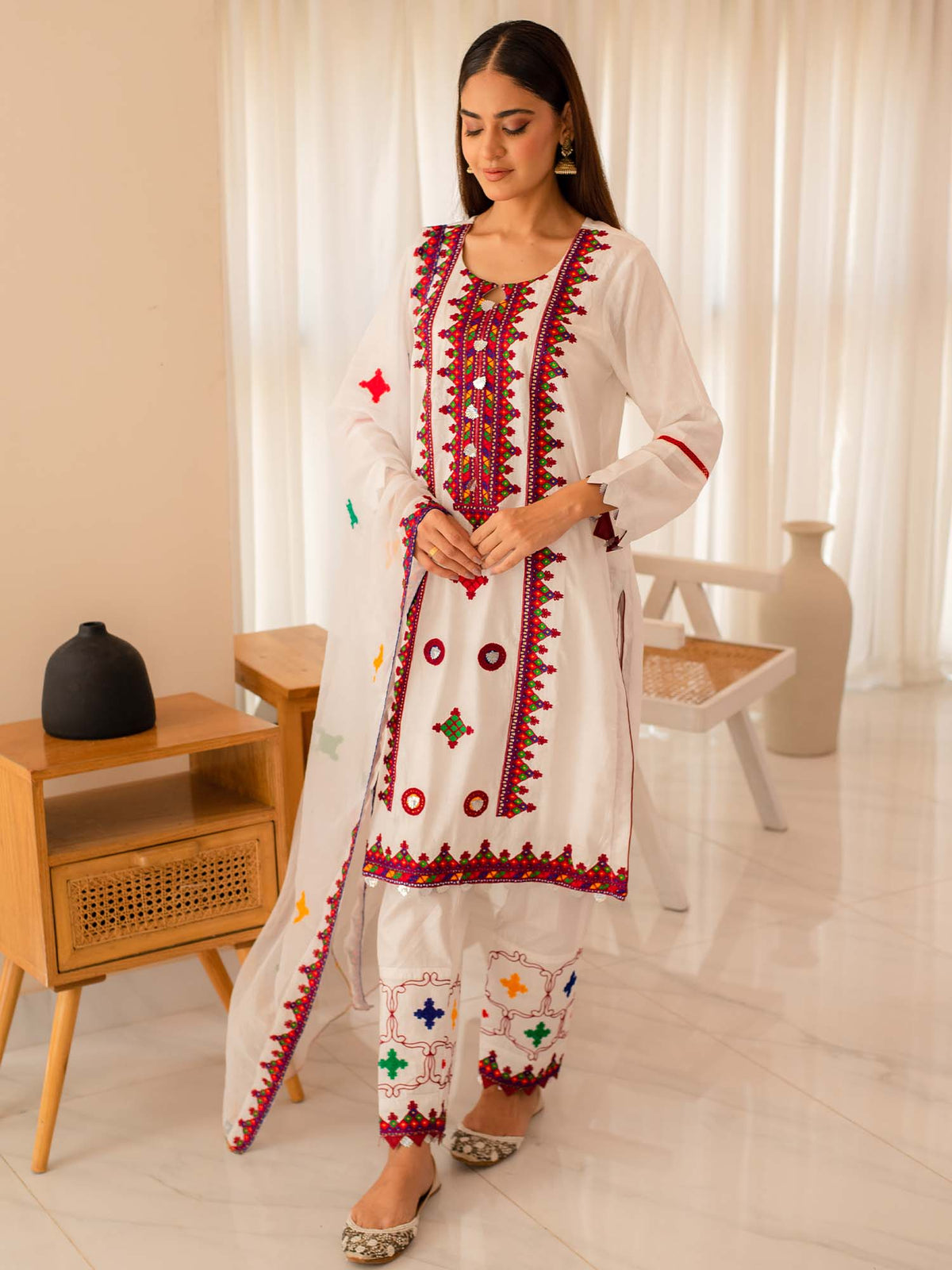 Multicolored Embroidered Cotton Summer 3 Piece Suit Set 04