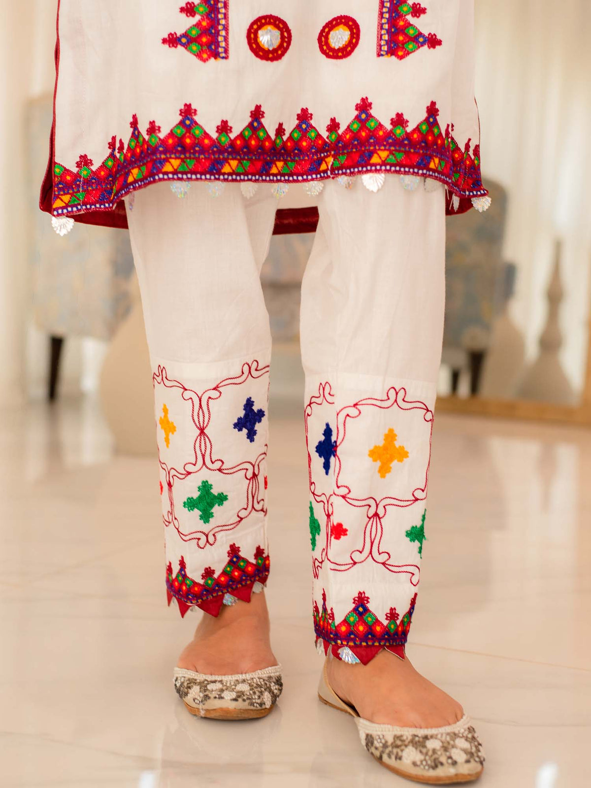 Multicolored Embroidered Cotton Summer 3 Piece Suit Set 04