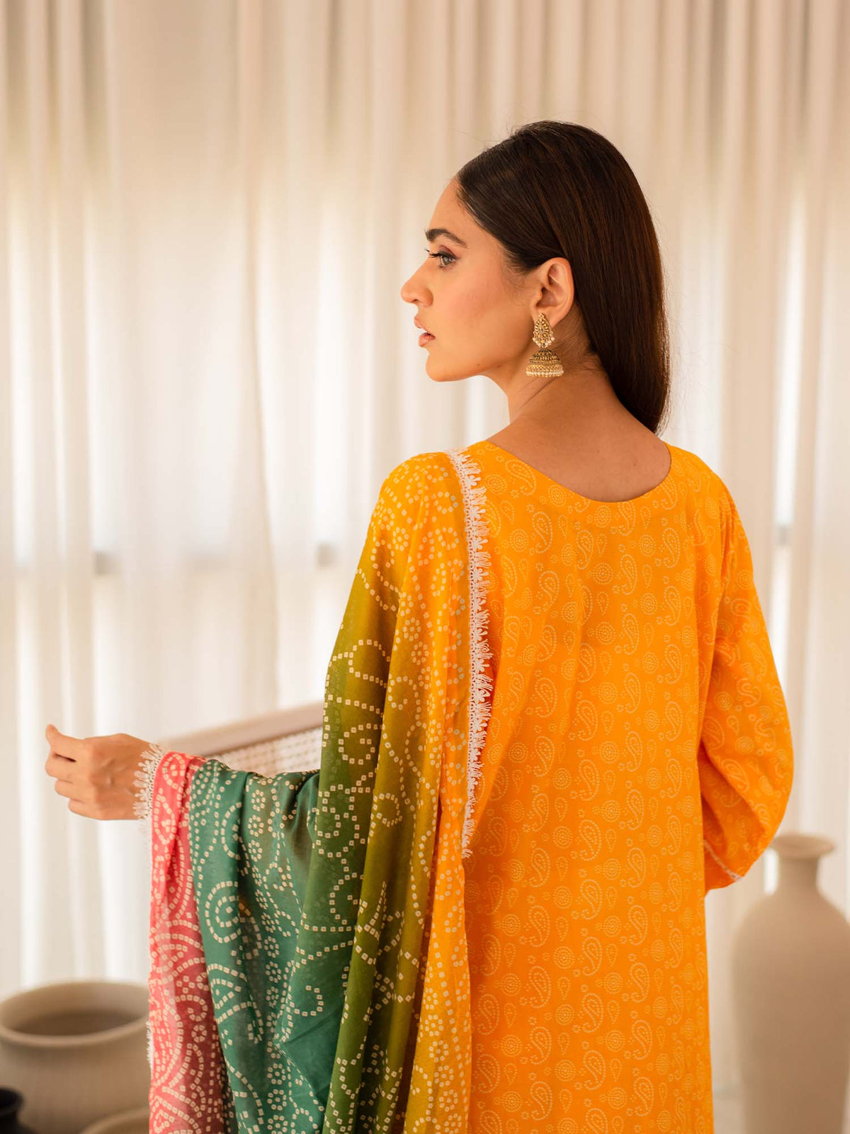 Yellow Embroidered Cotton Summer 3 Piece Suit Set 05