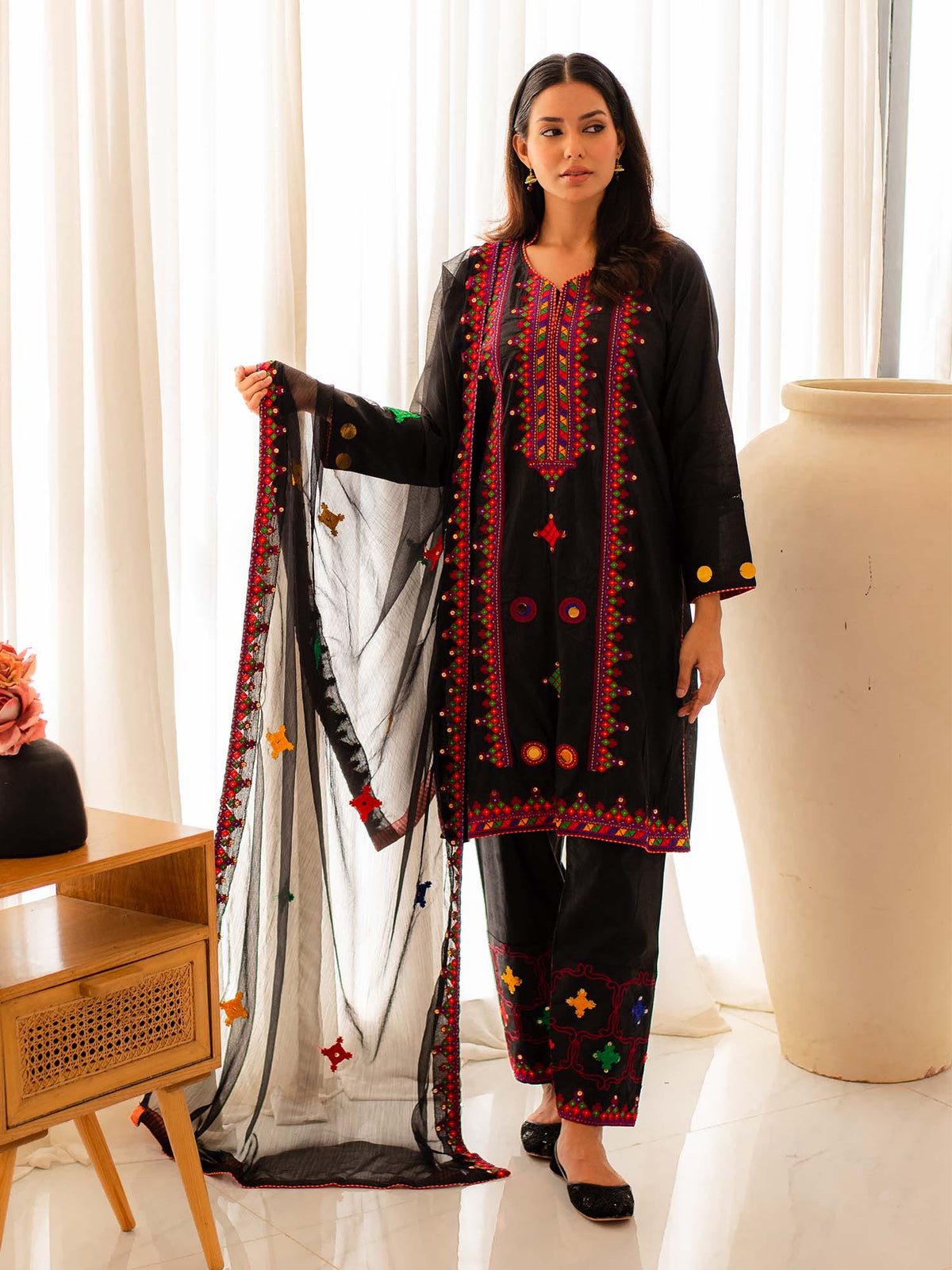 Multicolored Embroidered Cotton Summer 3 Piece Suit Set 01