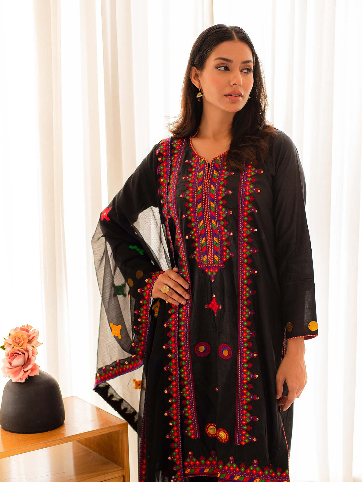 Multicolored Embroidered Cotton Summer 3 Piece Suit Set 01