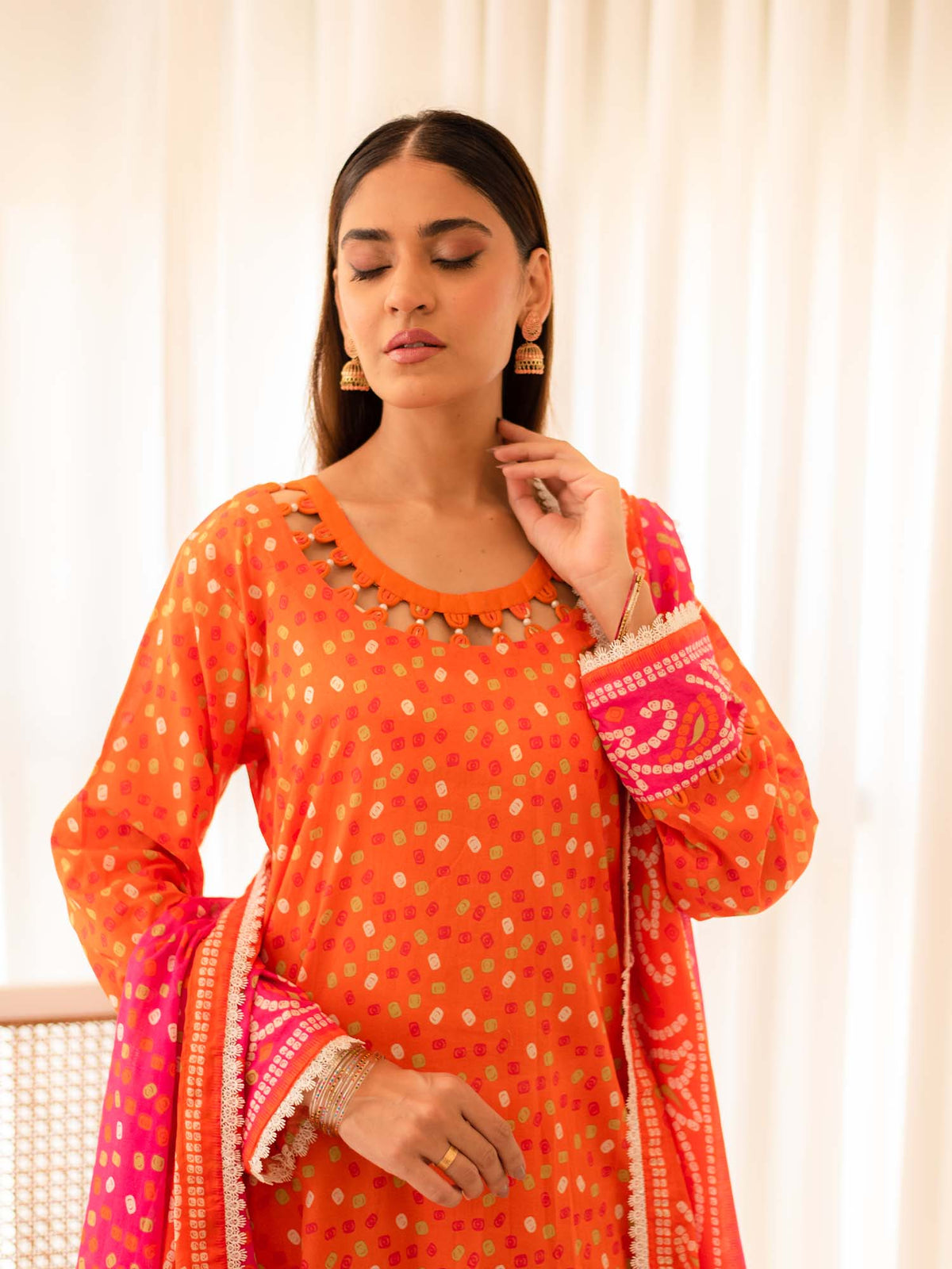 Orange Premium Embroidered Lawn 3 Piece Suit Set 07