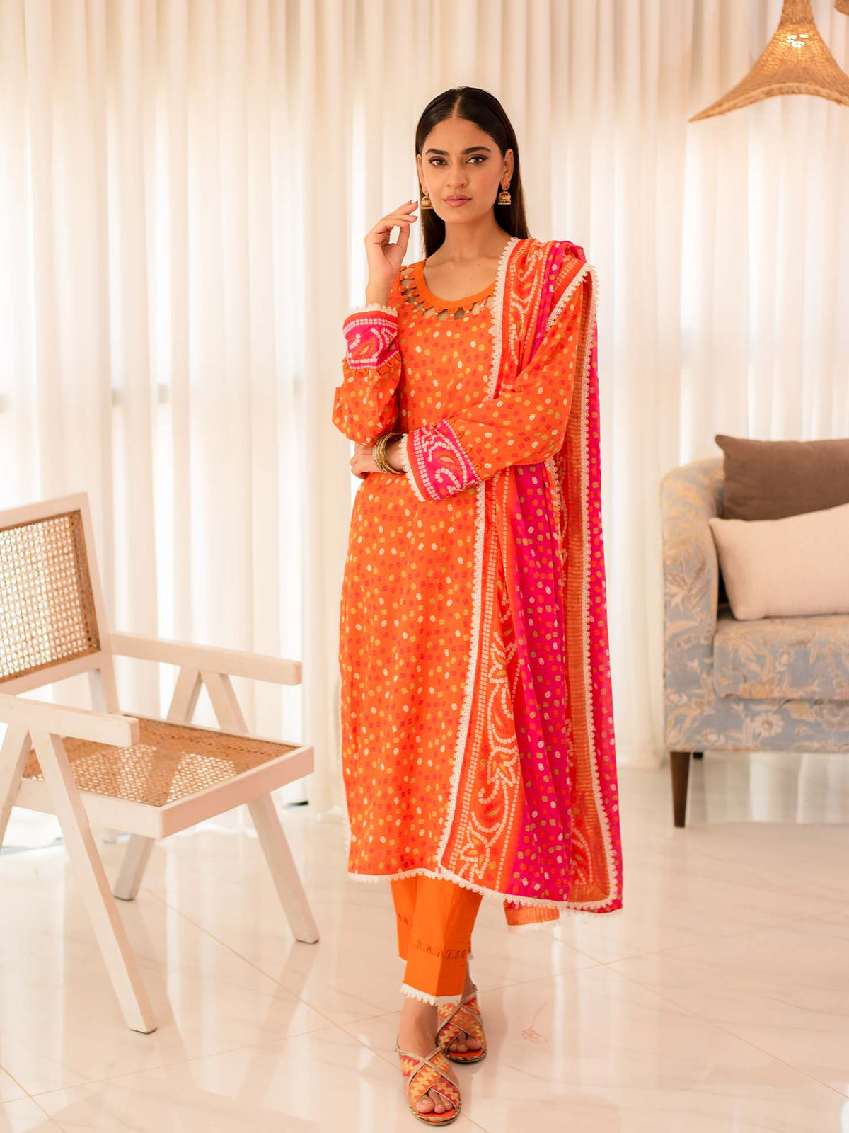 Orange Premium Embroidered Lawn 3 Piece Suit Set 07