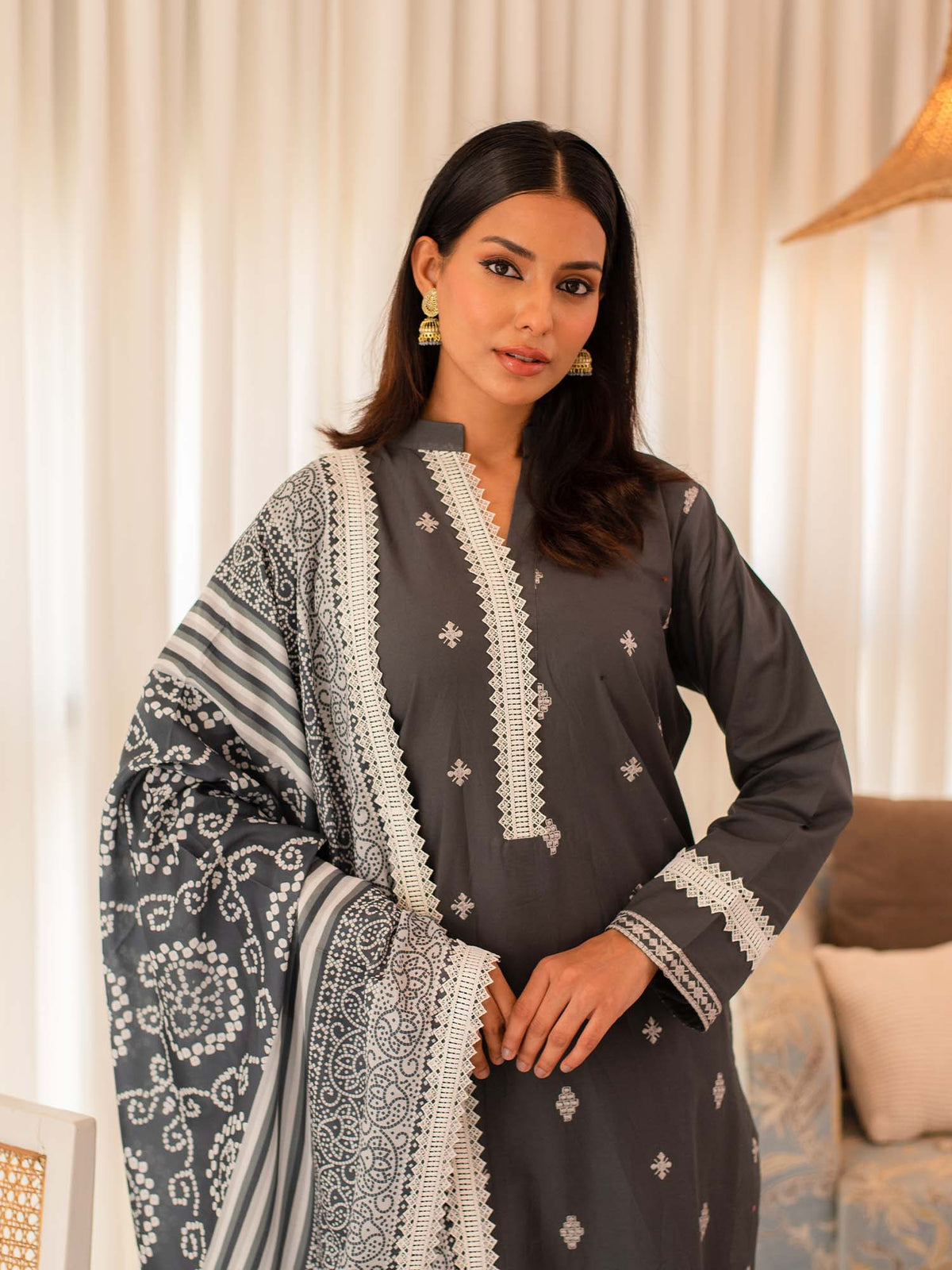 Grey Embroidered Cotton Summer 3 Piece Suit Set 08