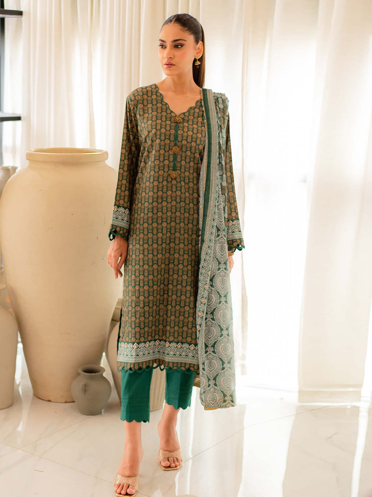 Dark Green Premium Embroidered Lawn 3 Piece Suit Set 03
