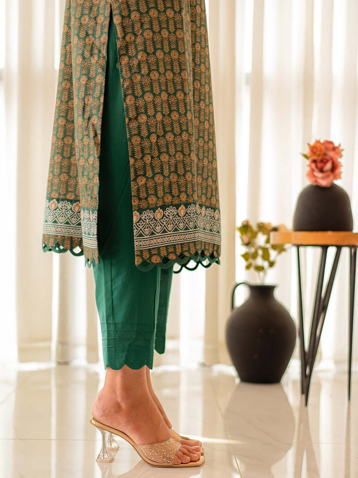 Dark Green Premium Embroidered Lawn 3 Piece Suit Set 03