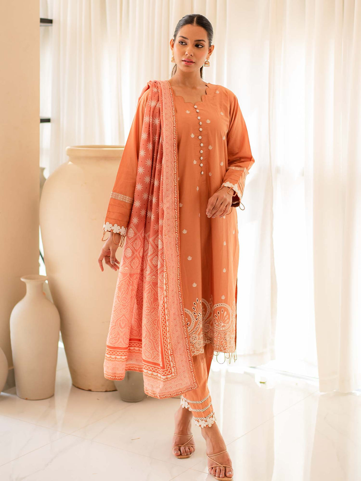 Peach Premium Embroidered Lawn 3 Piece Suit Set 15