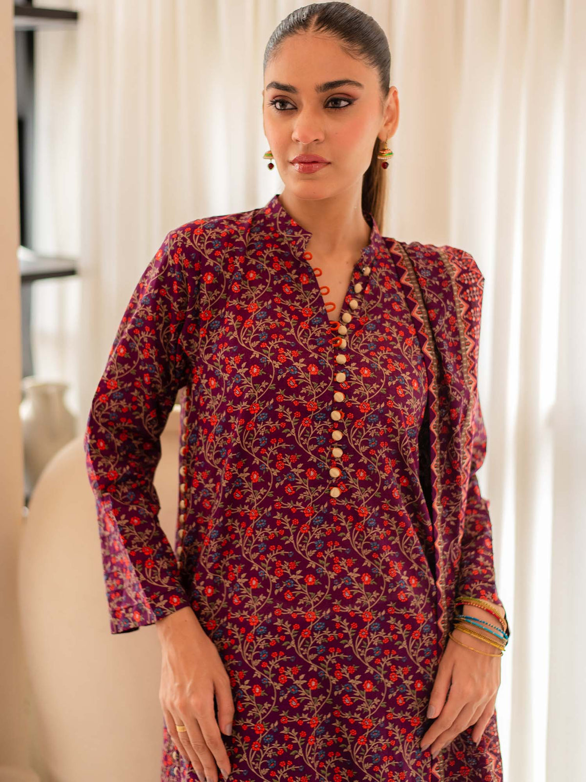 Maroon Premium Embroidered Lawn 3 Piece Suit Set 04