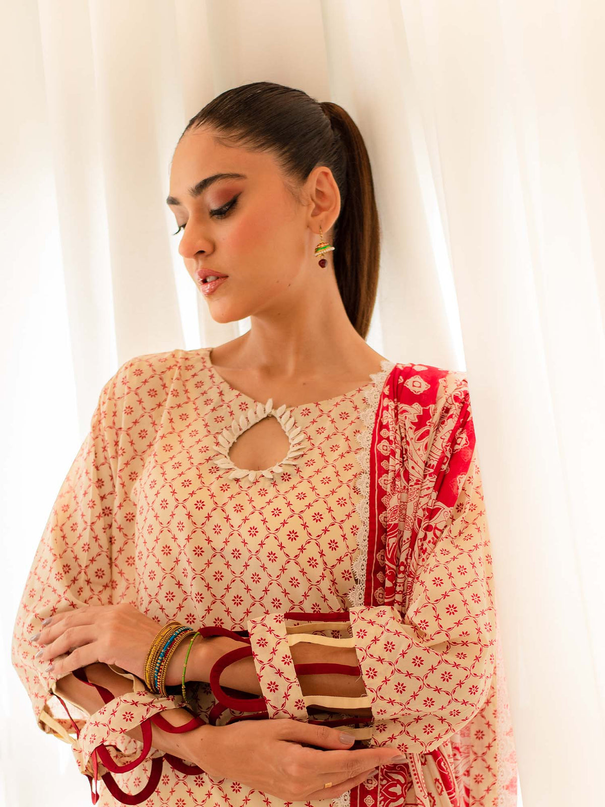 Yellow and Red Premium Embroidered Lawn 3 Piece Suit Set 05