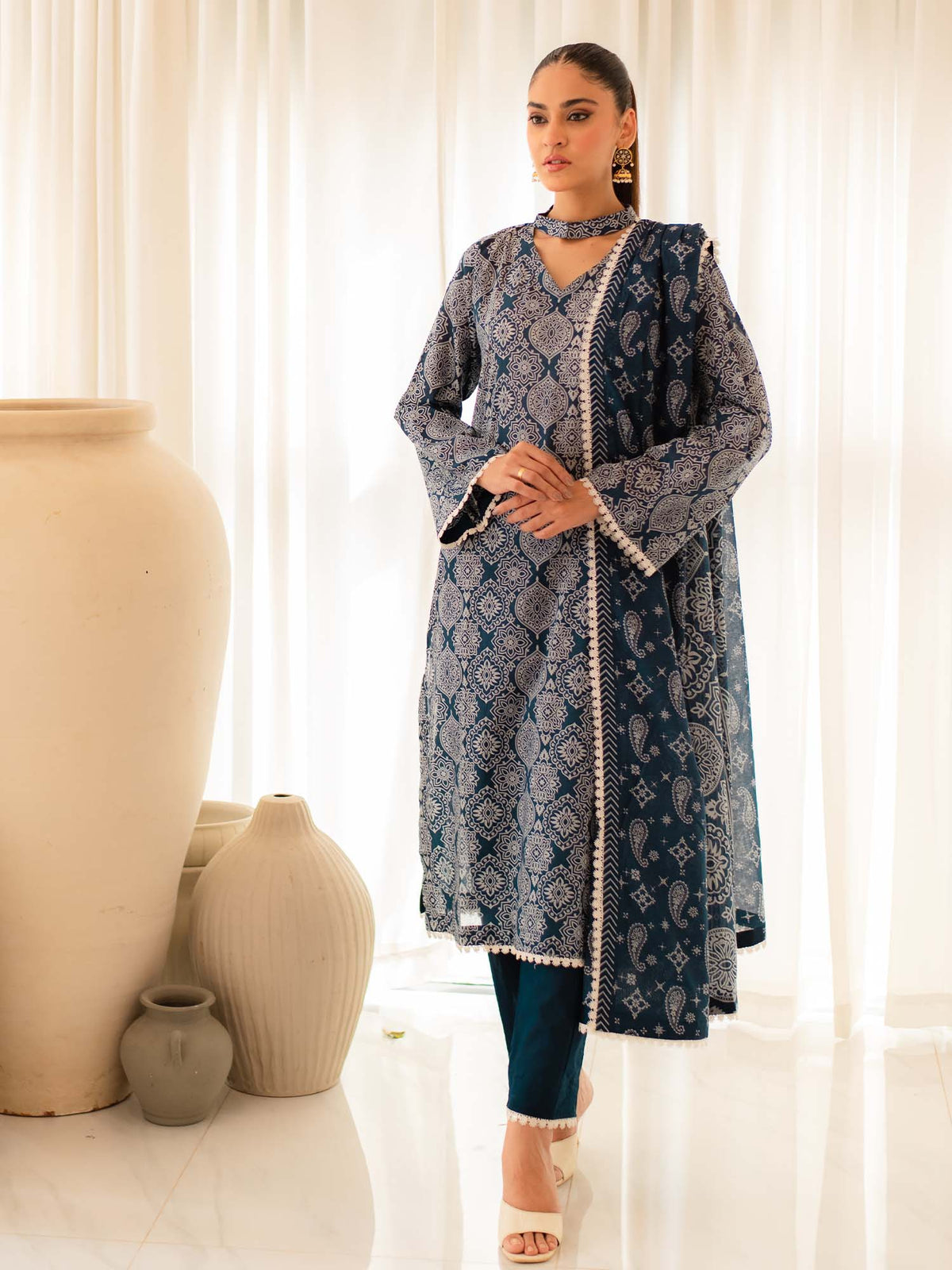 Blue Premium Embroidered Lawn 3 Piece Suit Set 02