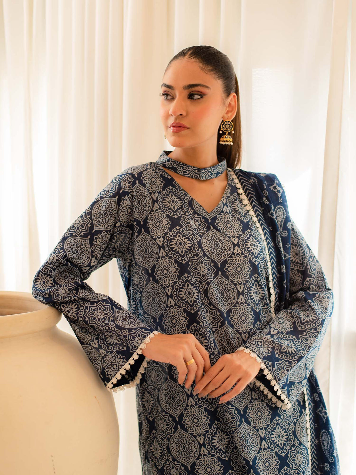 Blue Premium Embroidered Lawn 3 Piece Suit Set 02