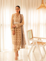 Beige Embroidered Cotton Summer 3 Piece Suit Set 06