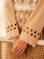 Beige Embroidered Cotton Summer 3 Piece Suit Set 06