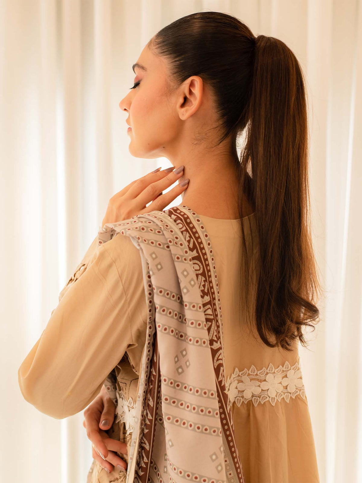 Beige Embroidered Cotton Summer 3 Piece Suit Set 06