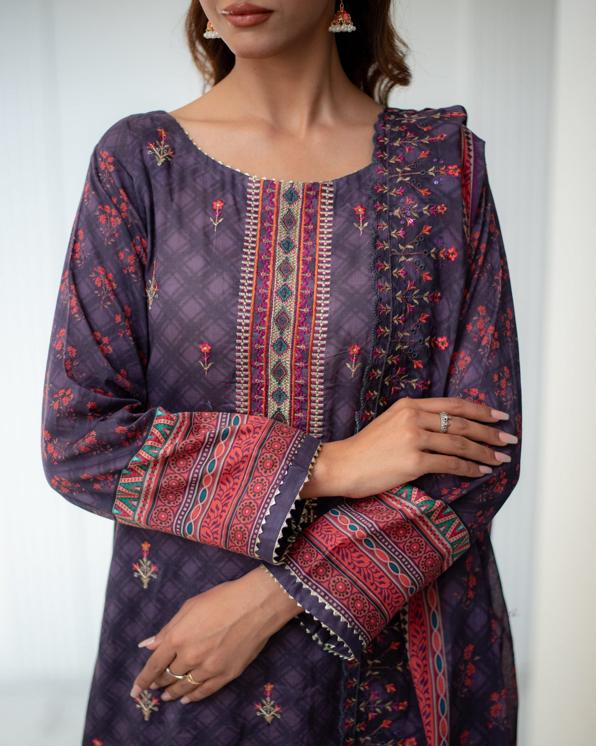 Purple Embroidered Cutwork Pret Lawn 3 piece