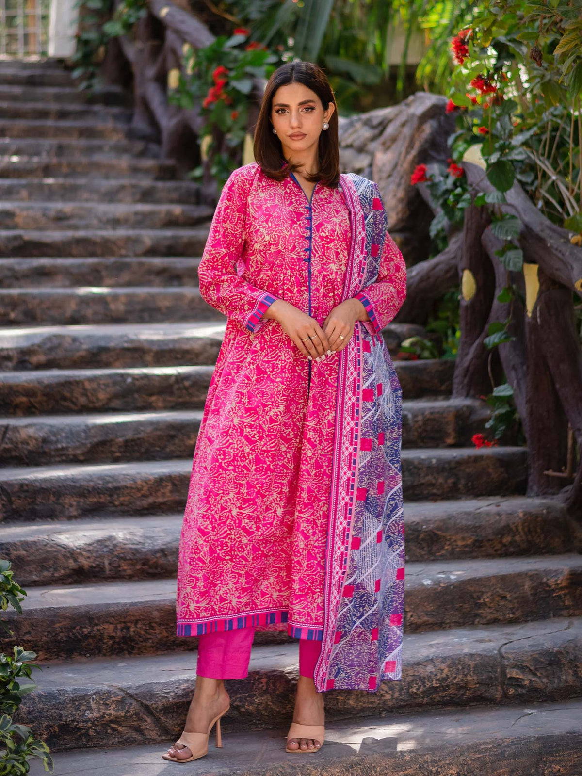 Bright Pink Printed Cambric 3 Piece Suit 07