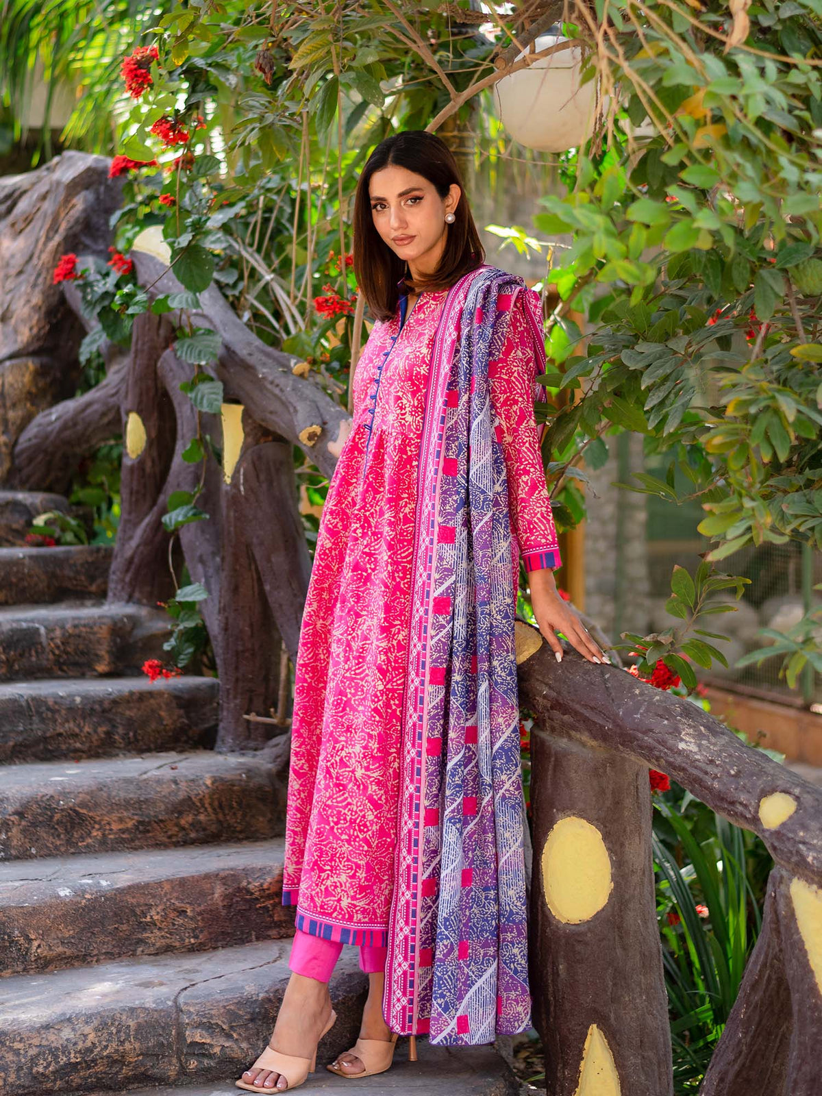 Bright Pink Printed Cambric 3 Piece Suit 07