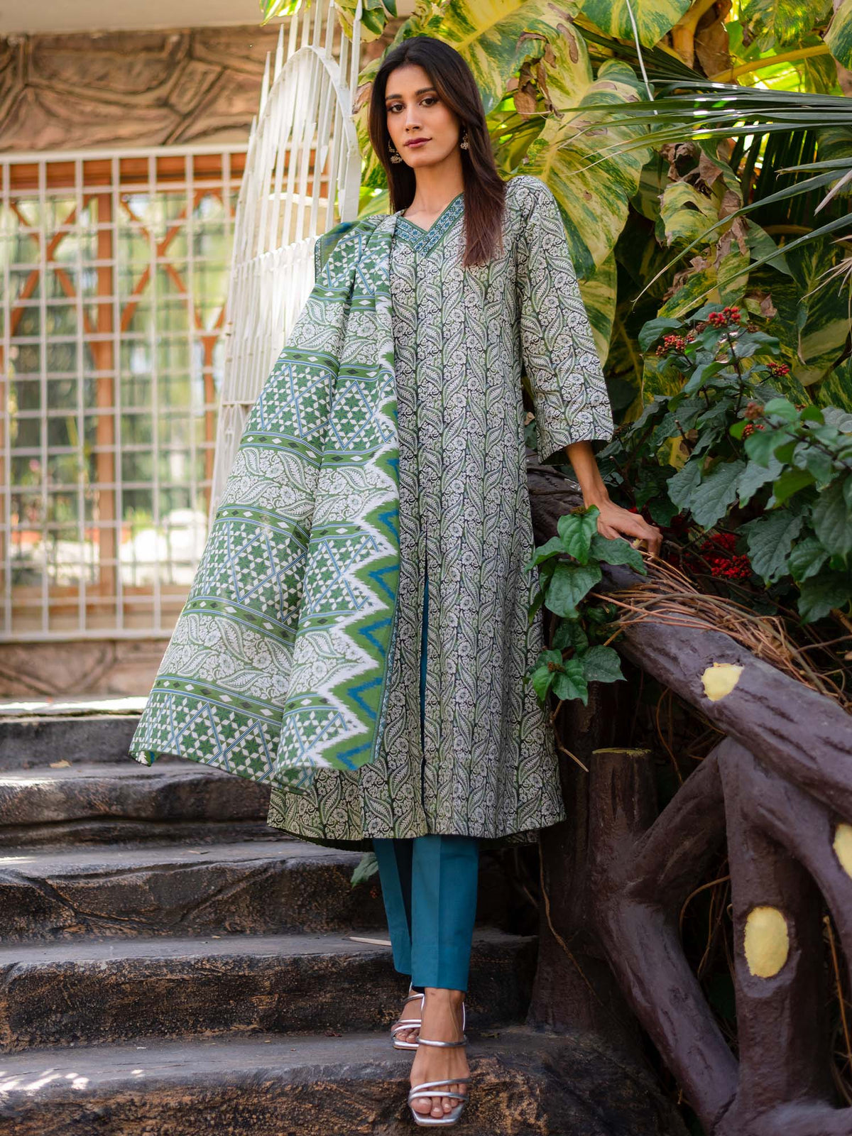 Grey and Green Printed Cambric 3 Piece Suit 04