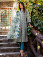 Grey and Green Printed Cambric 3 Piece Suit 04