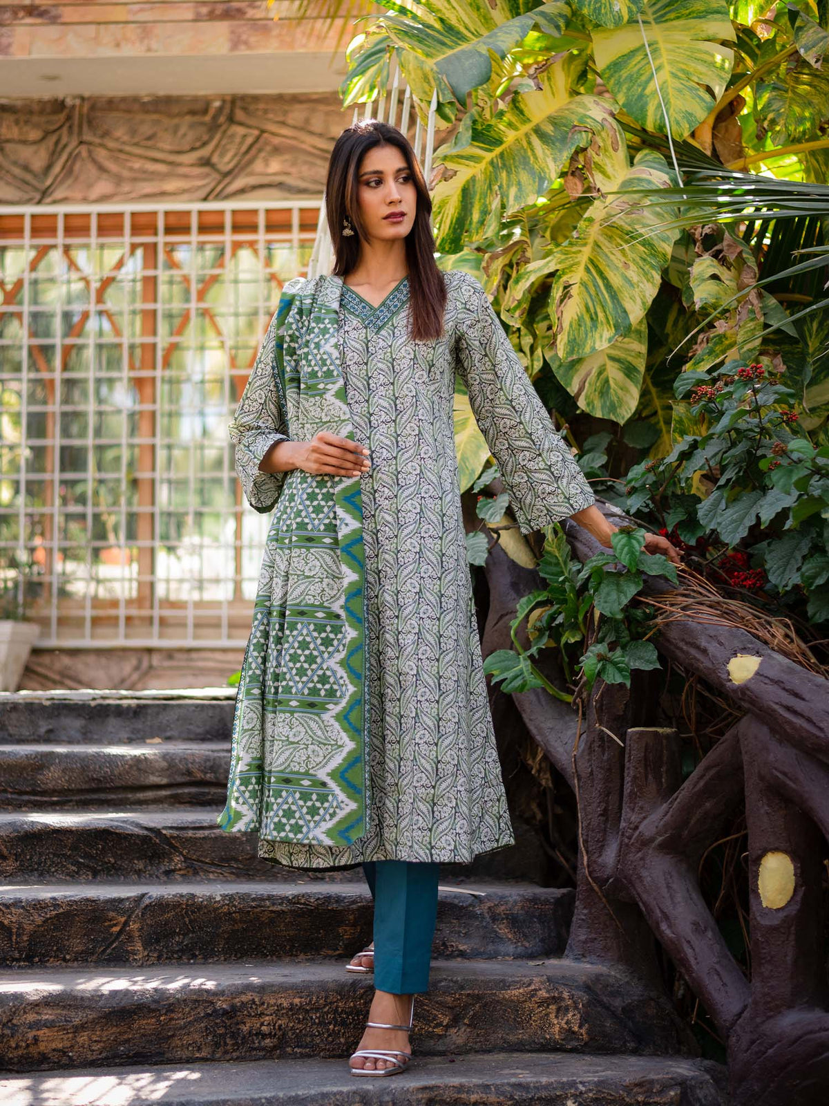 Grey and Green Printed Cambric 3 Piece Suit 04