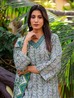 Grey and Green Printed Cambric 3 Piece Suit 04