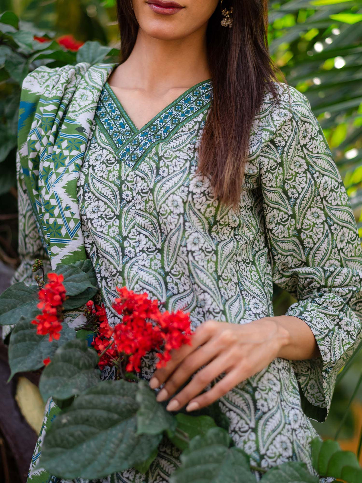 Grey and Green Printed Cambric 3 Piece Suit 04