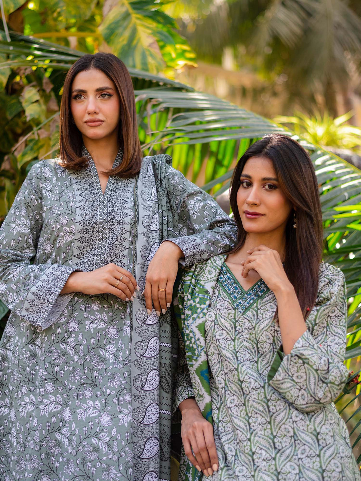 Grey and Green Printed Cambric 3 Piece Suit 04