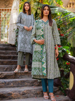Grey and Green Printed Cambric 3 Piece Suit 04