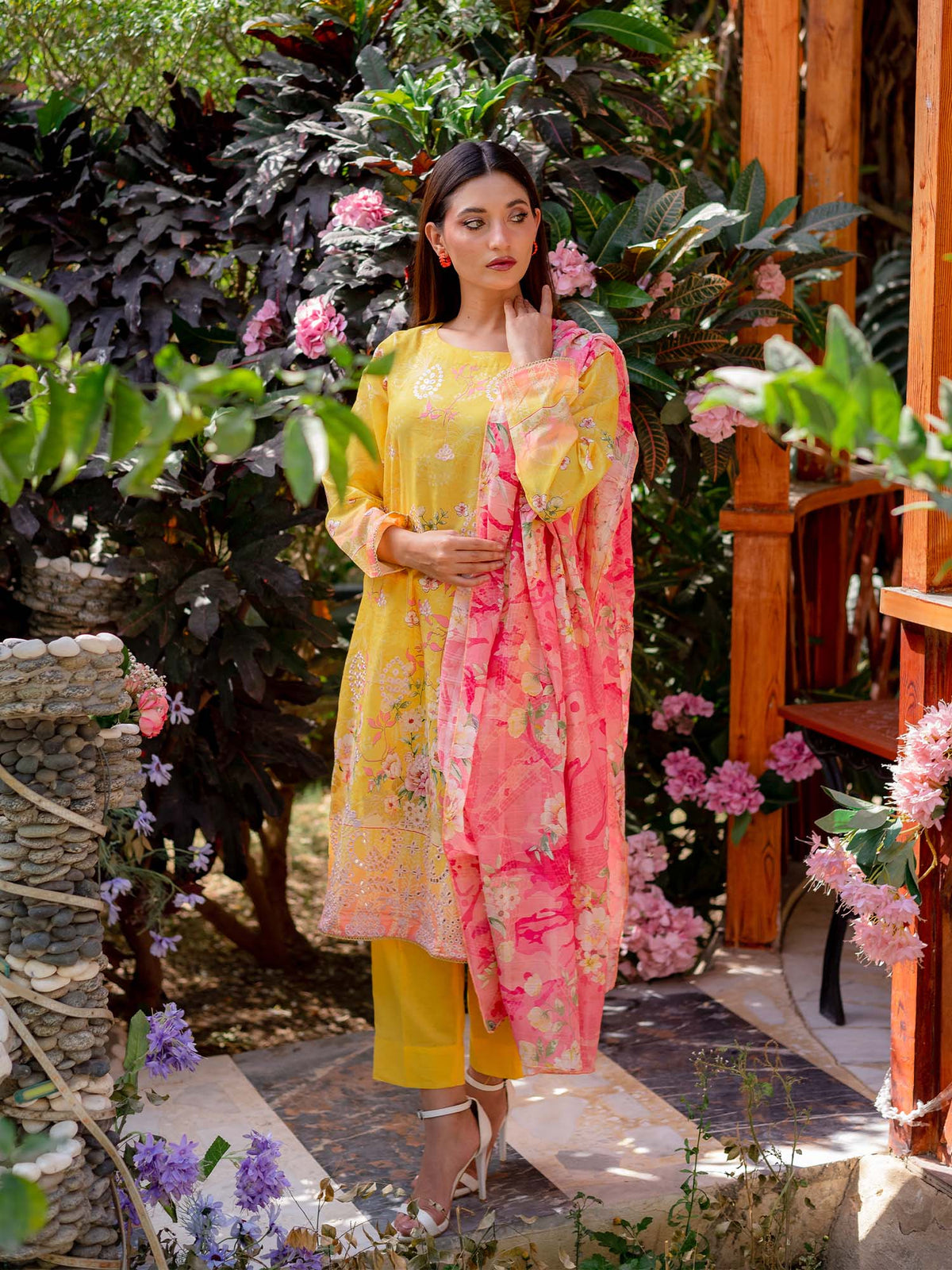 Yellow Digital Embroidered Lawn Pret 3 piece suit