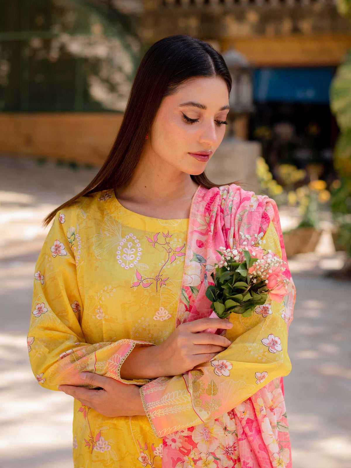 Yellow Digital Embroidered Lawn Pret 3 piece suit
