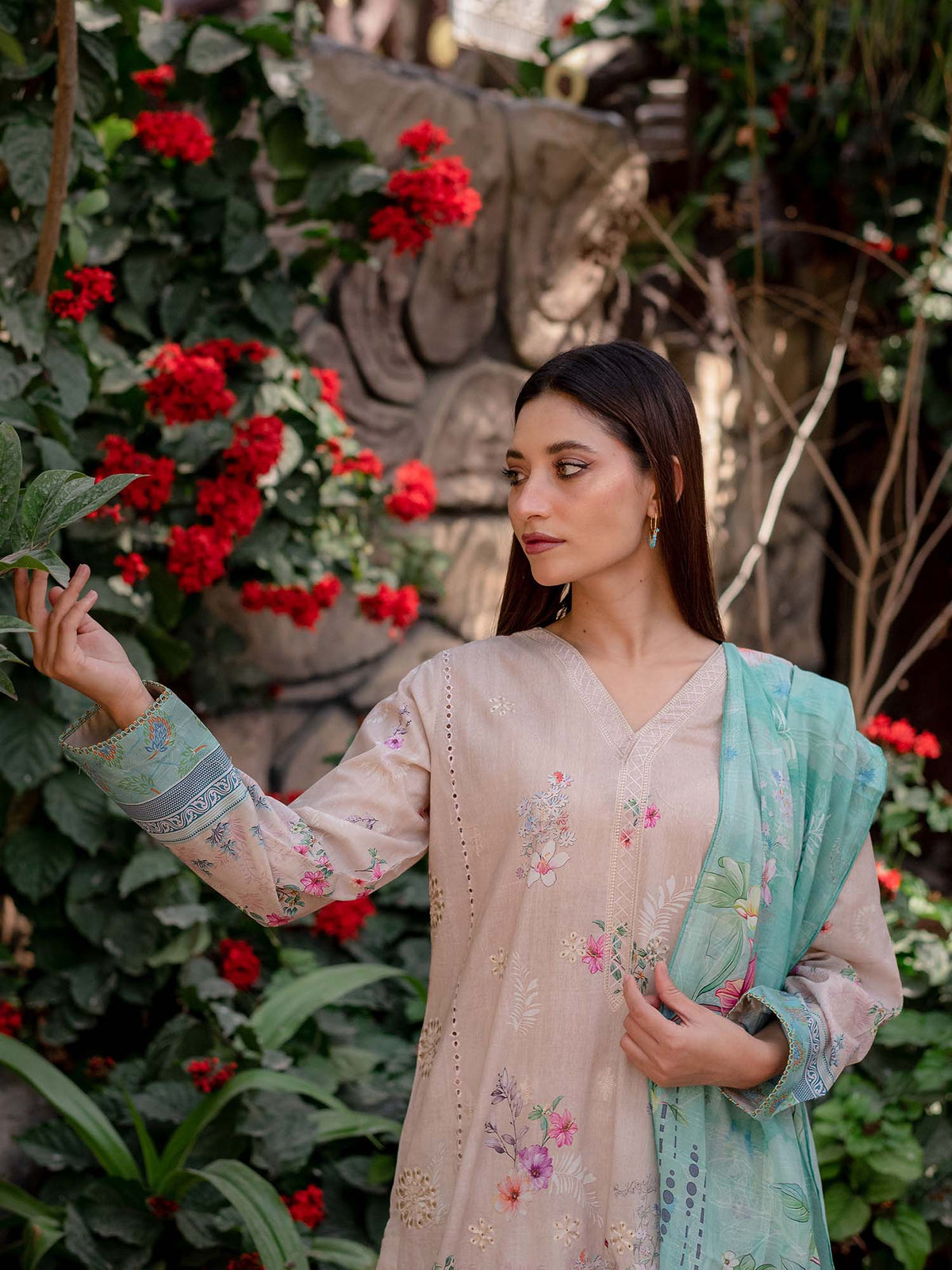 Beige and Green Embroidered Lawn Pret 3 piece suit