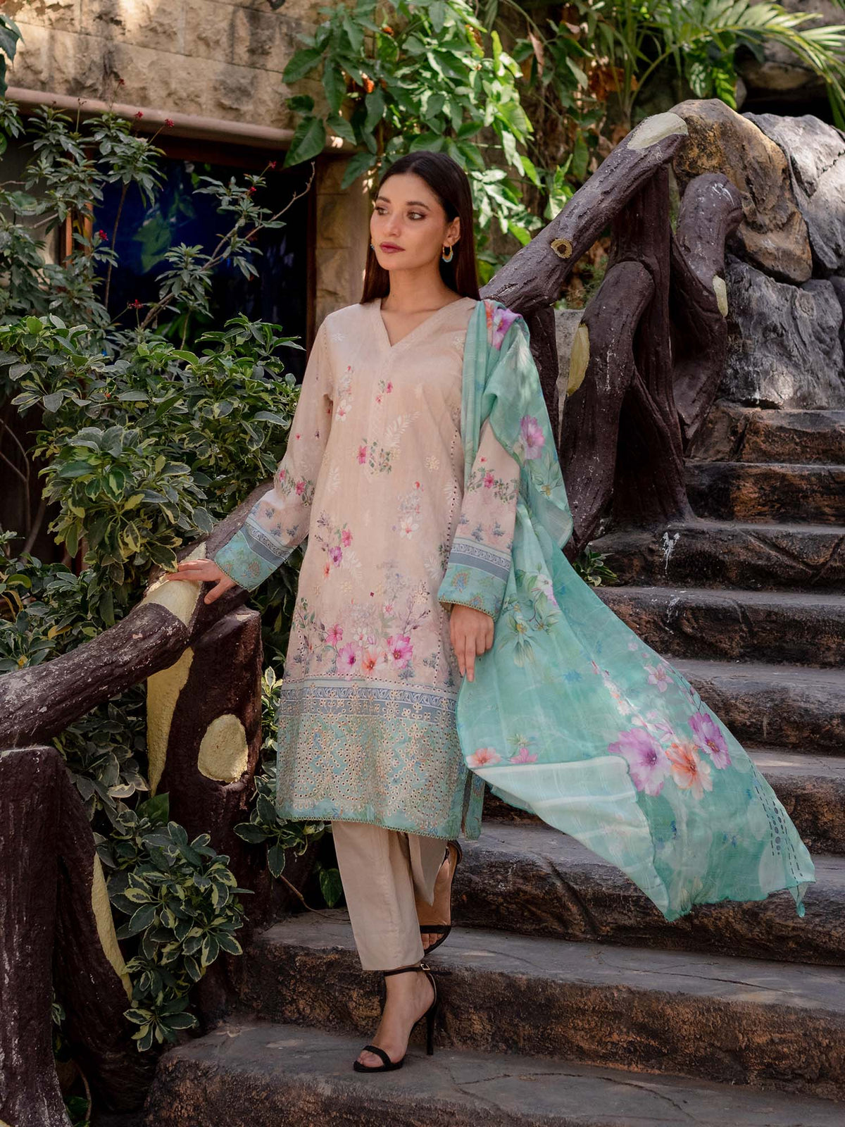 Beige and Green Embroidered Lawn Pret 3 piece suit