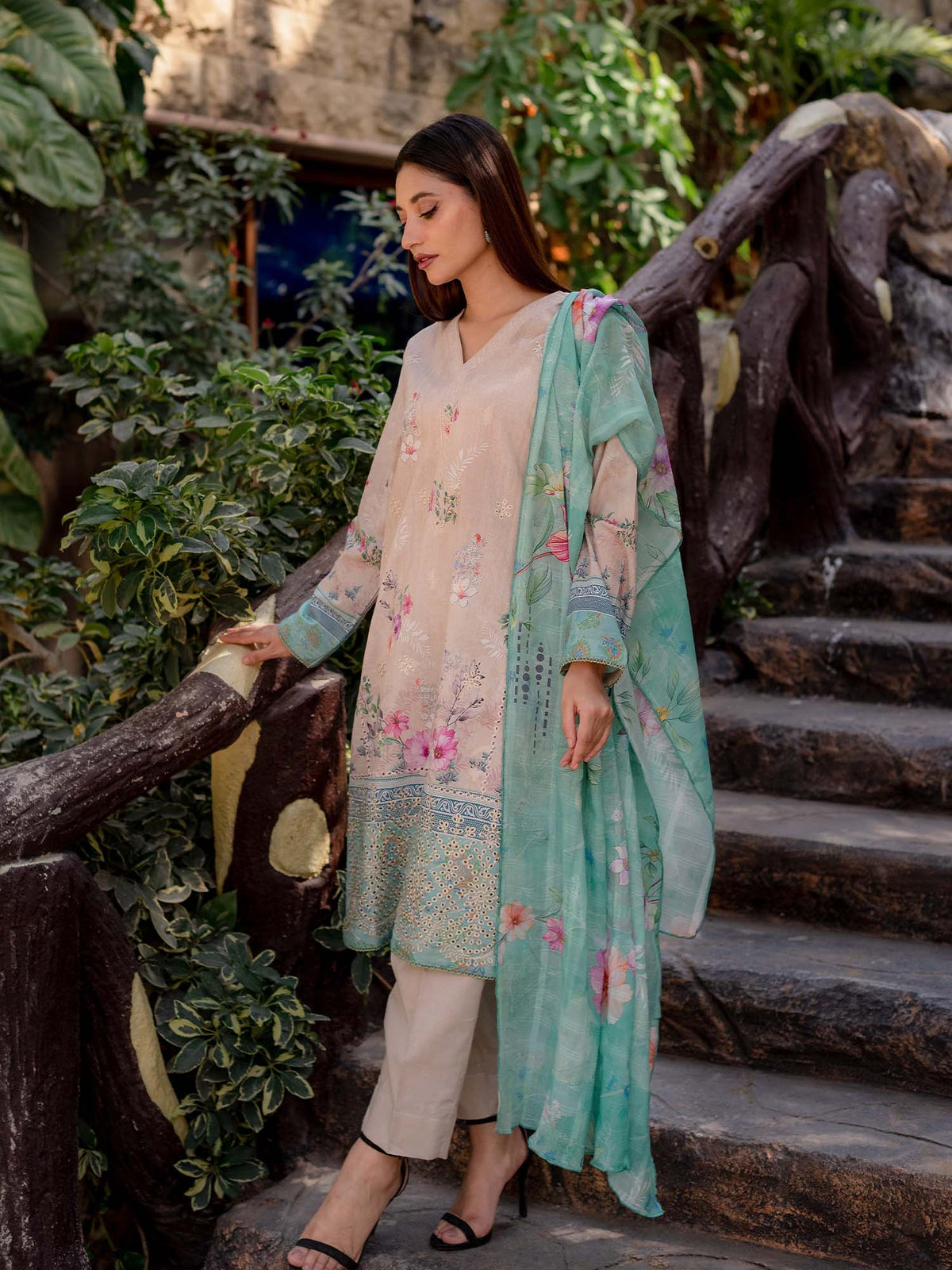 Beige and Green Embroidered Lawn Pret 3 piece suit