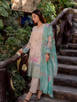 Beige and Green Embroidered Lawn Pret 3 piece suit