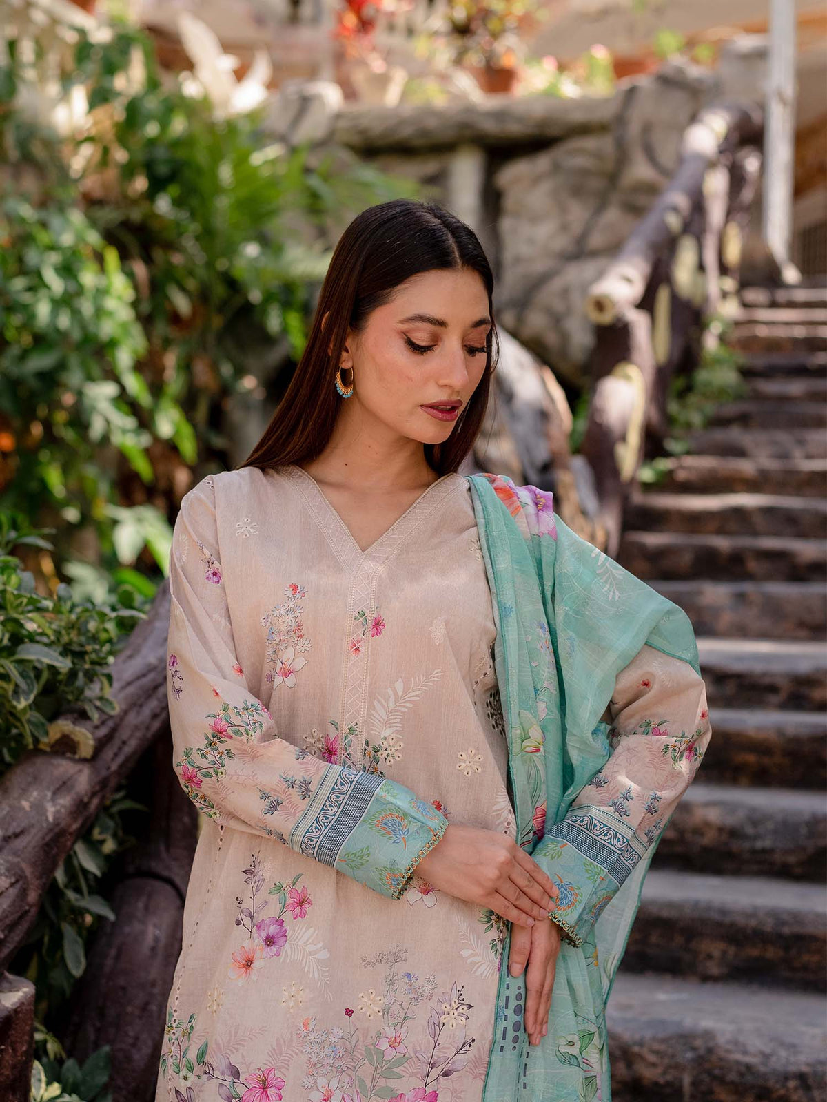 Beige and Green Embroidered Lawn Pret 3 piece suit