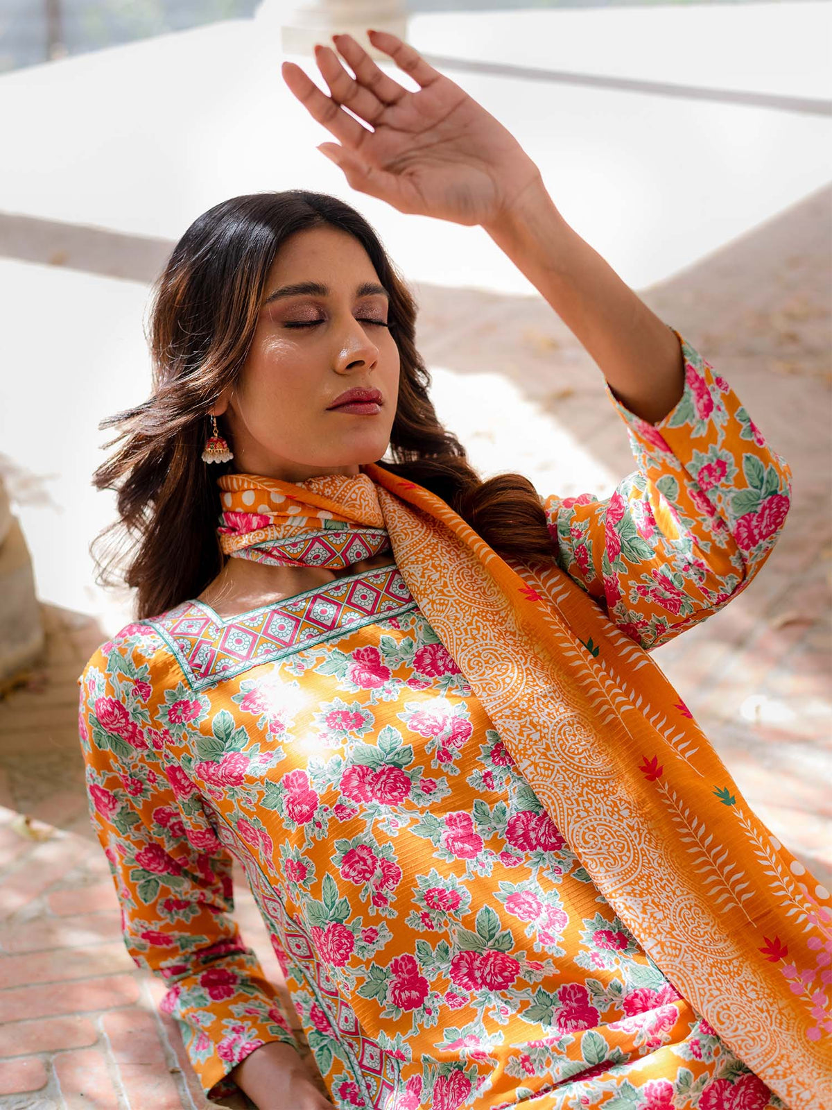 Bright Orange Printed Viscose 3 Piece Suit 08