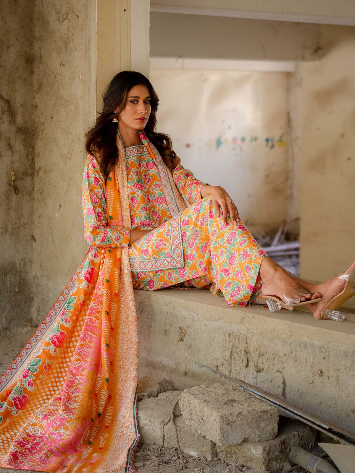 Bright Orange Printed Viscose 3 Piece Suit 08