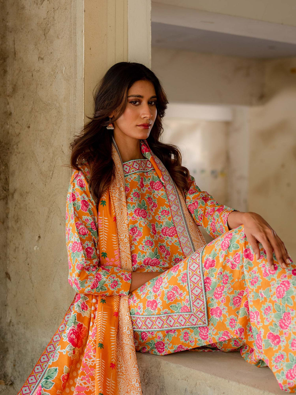 Bright Orange Printed Viscose 3 Piece Suit 08