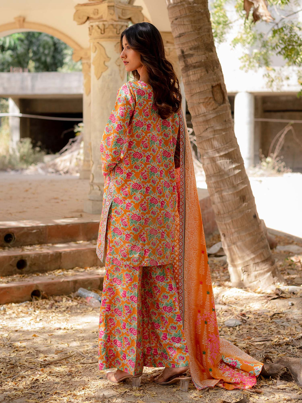 Bright Orange Printed Viscose 3 Piece Suit 08