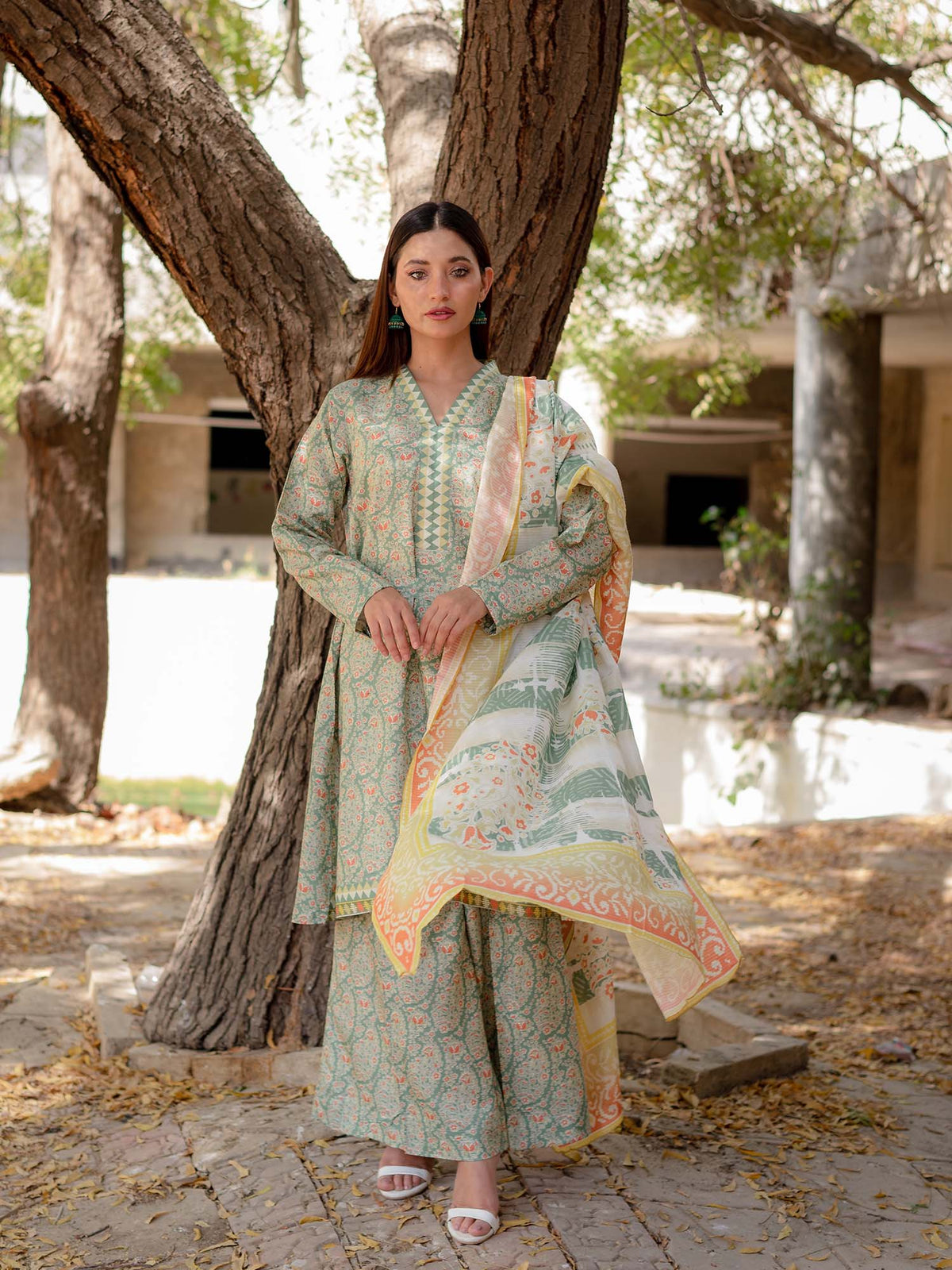 Light Green Printed Viscose 3 Piece