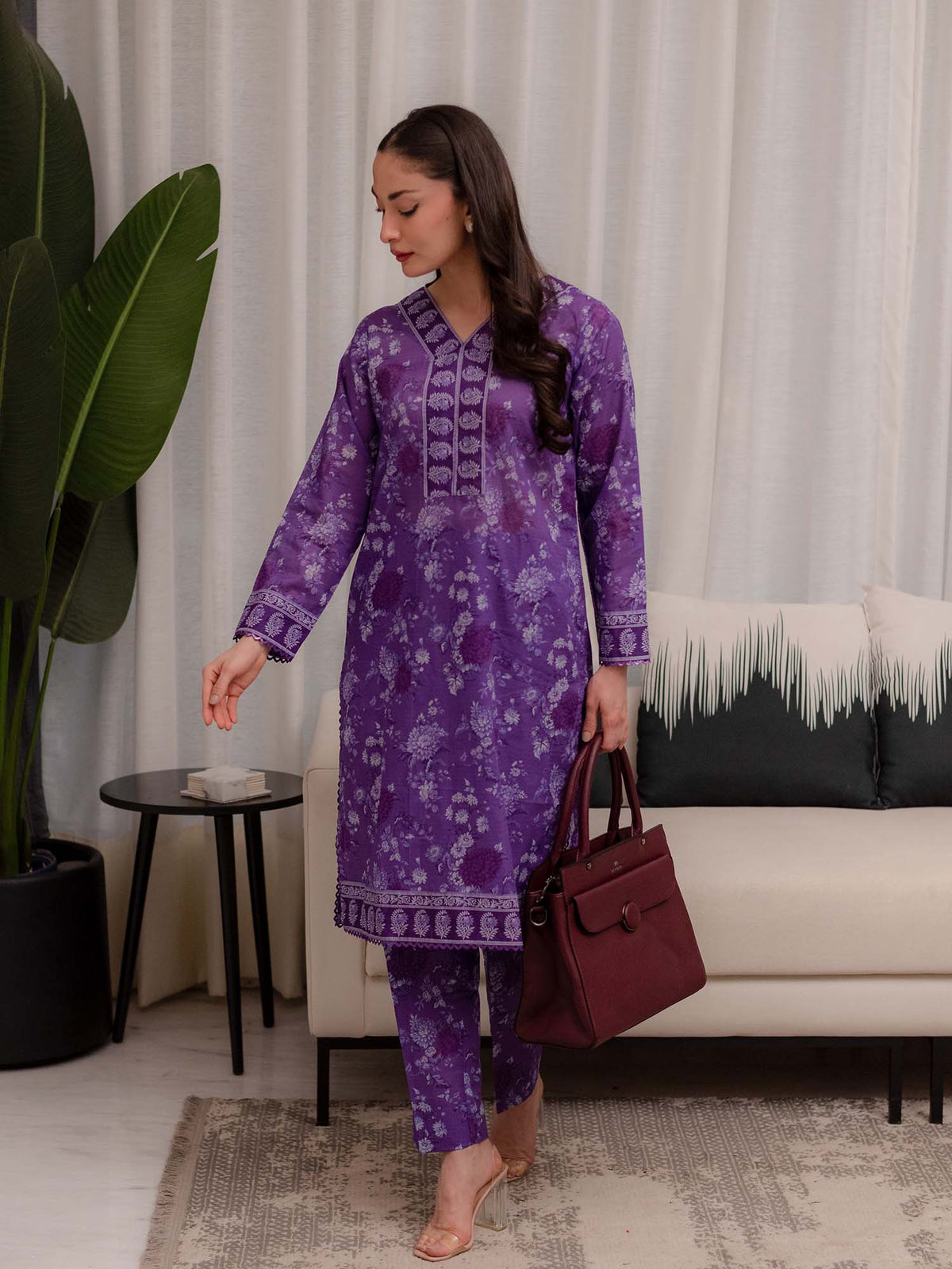 Purple Printed Doria Lawn Co ord Set 09