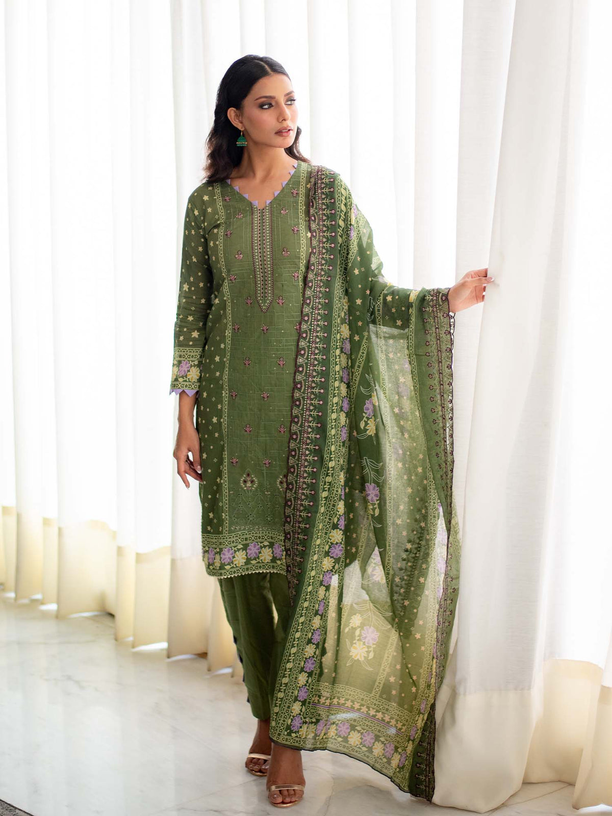 Green Embroidered Cutwork Pret Lawn 3 piece