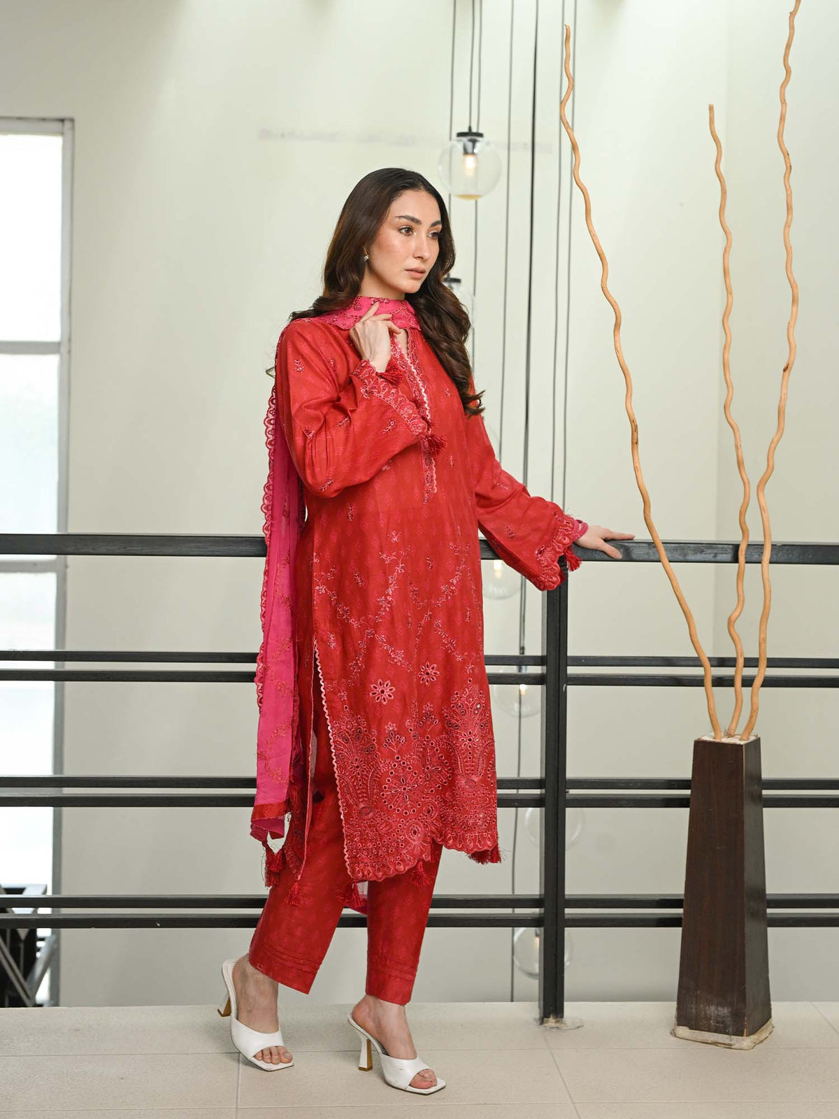 Red Chikankari Pret Eid Suit D-02